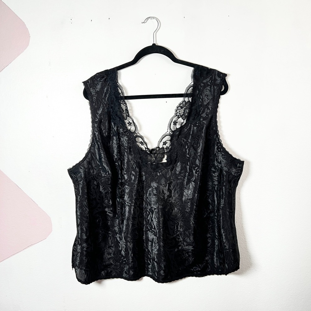 Vintage 60s Lace Trim V Neck Black Satin Floral Camisole Tank Top Slip 44 (XL)